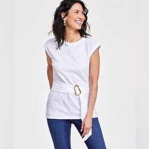 NWT I.N.C. International Concepts | Women's White Crewneck Belted Gold Top S